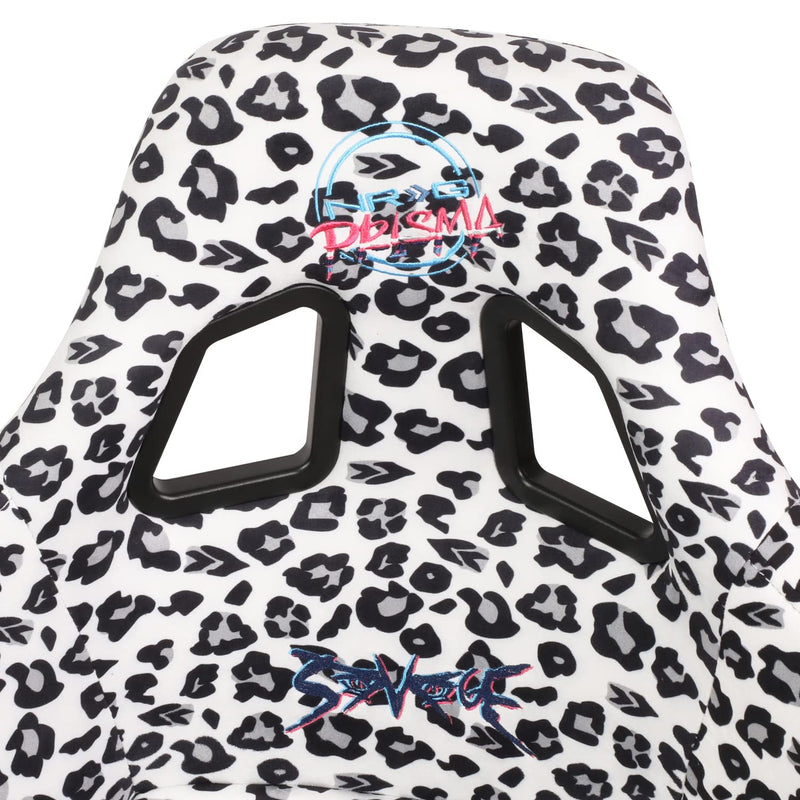 NRG Innovations Prisma Fixed Back Bucket Racing Seat NRG-FRP-302-WT-SAVAGE with Bottom Mount Bracket, White Savage Leopard Print Fabric/White Pearl Back, 24" W X 36" H X 18" D