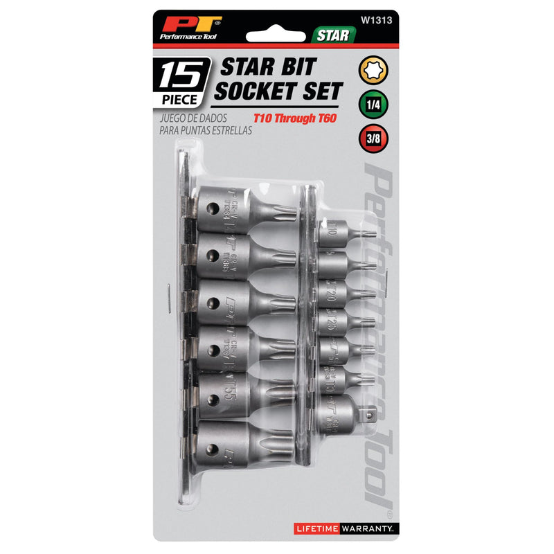 W1313 Performance Tool 3/8-Inch and 1/4-Inch DR Star Bit, 15-Piece