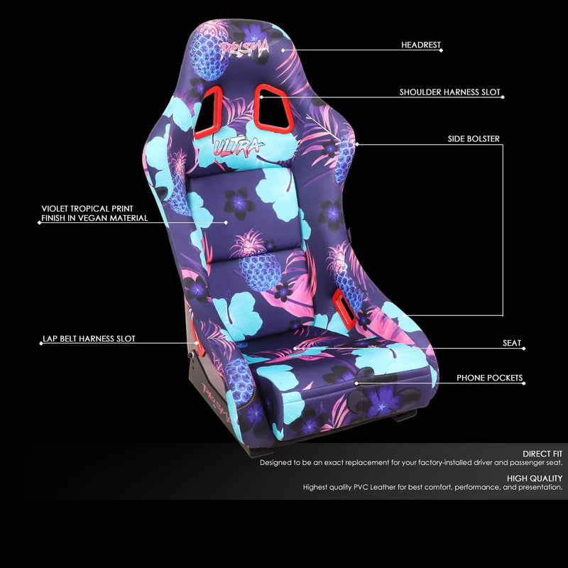 NRG Innovations Prisma FRP-303-PINA Fixed Back Bucket Racing Seat with Bottom Mount Bracket, Invert Tropical Print/Purple Sparkled Paint Back