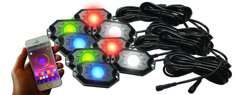 Race Sport Lighting NEW RS8PRGBW 8-POD Hi-Power RGB+W Rock Light Complete Kit with Bluetooth APP controls in Retail Box,Black