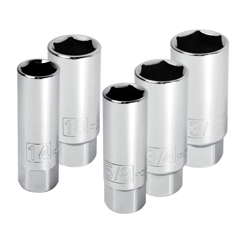 3/8-Inch Drive Powerbuilt Spark Plug Socket Set, 6 Point, Deep Thin Wall, 5 Piece Metric and SAE - 640855, Grey