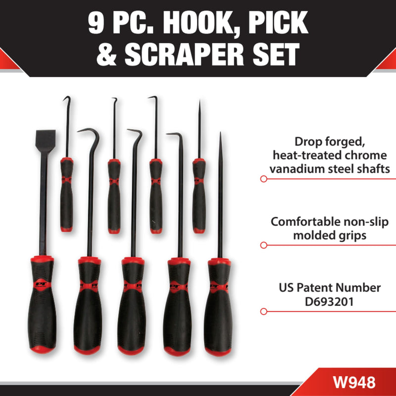 W948 Performance Tool 9-Piece Hook/Pick/Scraper Set,Black/Red