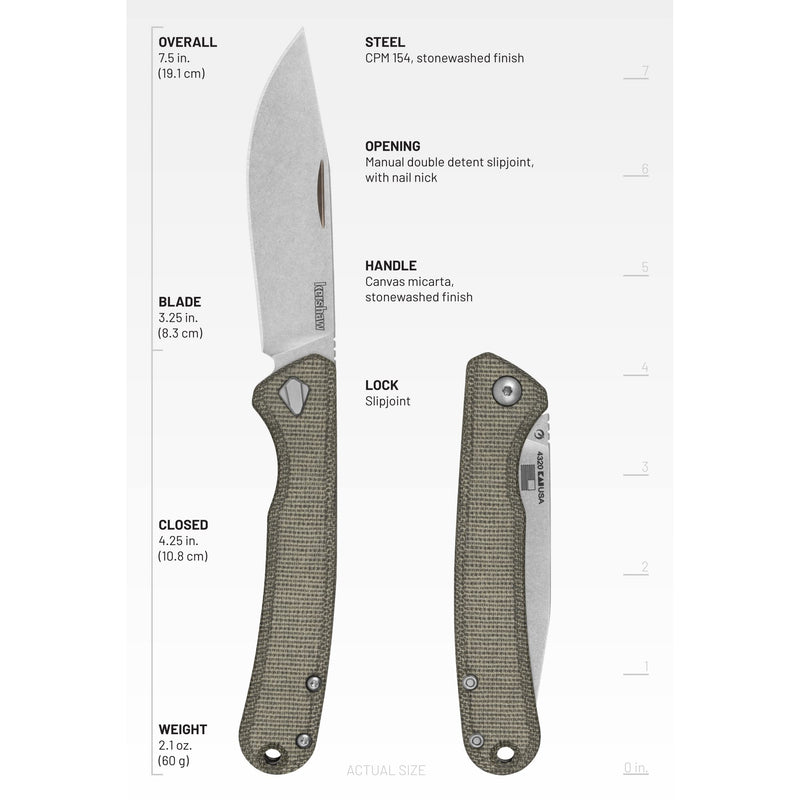 Kershaw Folding Federalist Pocket Knife, Manual Folder with Nail Nick, 3.25 inch CPM 154 Stainless Steel Blade, Made in the USA, Green