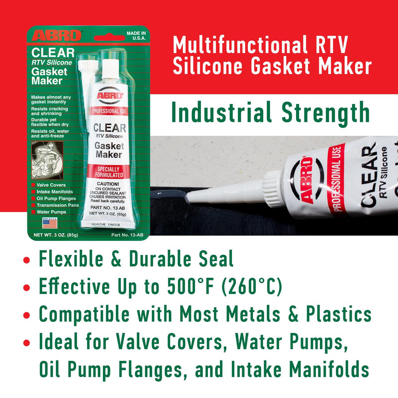 RTV Silicone Sealant and Gasket Maker ABRO: Up to 500 Degree F Heat, High Temp Silicone Sealant, 3 oz/85g Tube - Clear