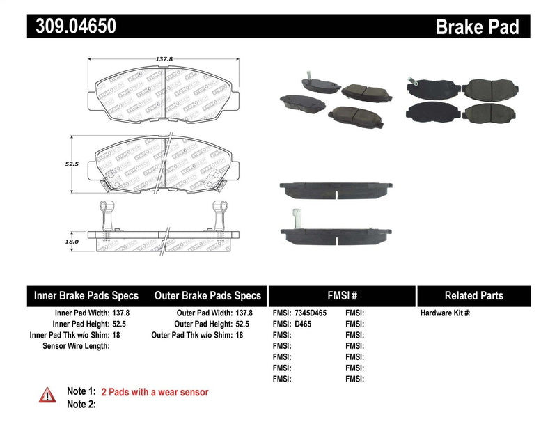 Sport Brake Pads StopTech 309.04650 with Shims and Hardware