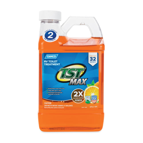 Camco TST MAX Toilet Treatment Camper/RV - Features Septic Safe Formula & Stops Odors Up to 7 Days – Orange Scent, 64 oz (41195)