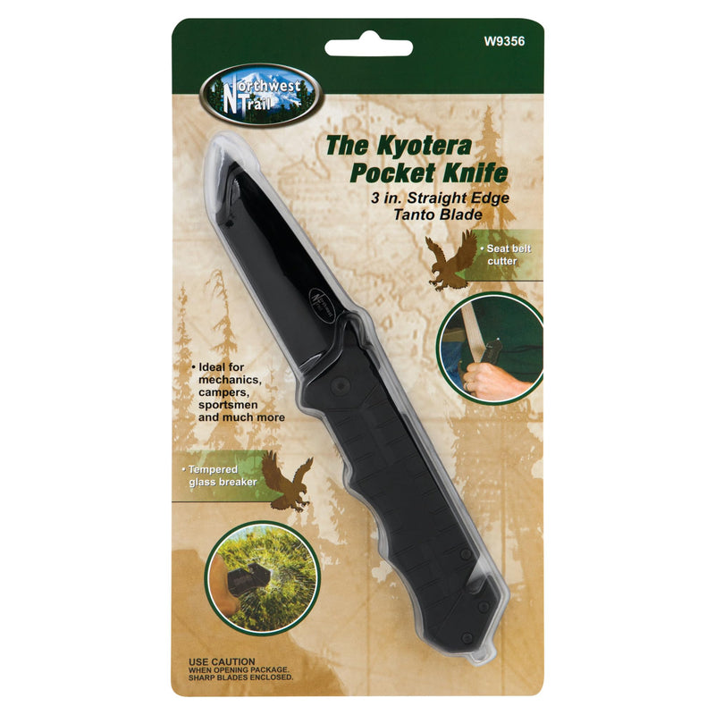 Black Tanto Blade Performance Tool W9356 Pocket Knife with Seat Belt Cutter and Glass Breaker, 7.5-Inch Overall Open Length