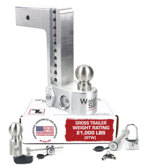 Weigh Safe Adjustable Aluminum Trailer Hitch - Anti-Sway Towing Hitch for 3" Receivers - 10" Drop Hitch, 21,000 lbs GTW, 4-Piece Lock Set