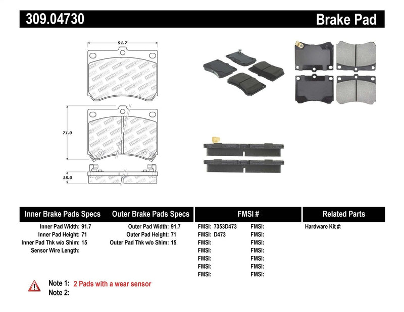 Sport Brake Pads StopTech 309.04730 with Shims and Hardware