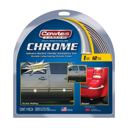 Cowles - Universal Premium Body Molding for All Vehicles - Easy Install, Chrome Finish, 1" by 12 ft, UV Protected, Long Lasting Flexible PVC