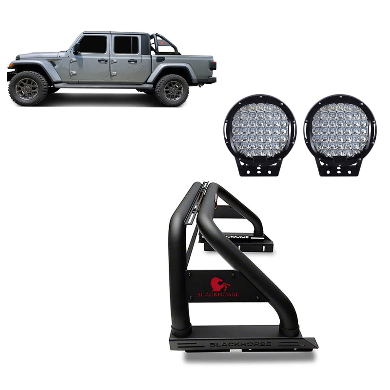 Classic Black Horse Roll Bar Incl.Set of 9 Black Round LED Light Compatible with 2020-2024 Jeep Gladiator-RB09BK-PL69B