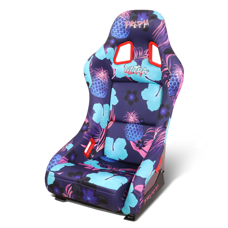 NRG Innovations Prisma FRP-303-PINA Fixed Back Bucket Racing Seat with Bottom Mount Bracket, Invert Tropical Print/Purple Sparkled Paint Back