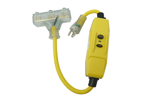 Shockshield TRC 26020008-6 12/3 Gauge GFCI Protected In-line Tri-Cord Set with 3-Outlets; 2-Feet; 15-Amp; Yellow