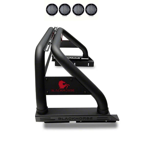 CLASSIC Black Horse Roll Bar Incl. Set of 5.3"Dia.LED Lights w/Black Trim Rings Compatible with 2020-2024 Jeep Gladiator-RB09BK-PLFB