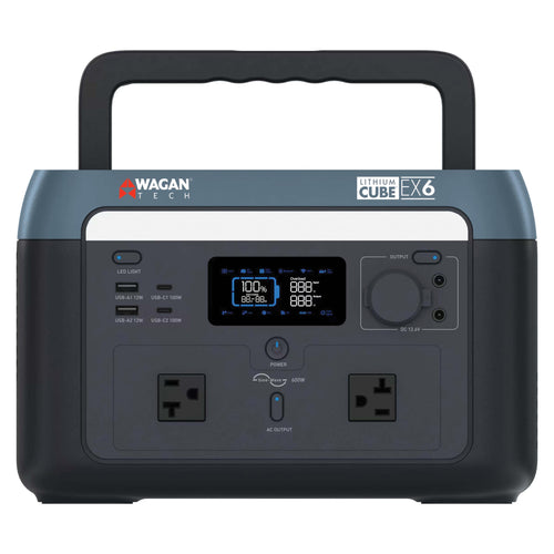 Wagan Portable Power Station EL8838 600W Lithium Cube Solar Generator 512Wh LiFePO4 Battery Fast Charge 600W 1000W peak AC/100W USB-C for Home Backup, Power Outages, Outdoor Camping, Off-grid