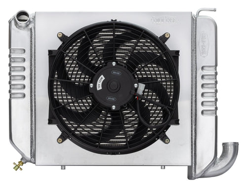 Radiator and Fan, Cold Case Radiators, 22.6 in W x 18.5 in H x 6.75 in D, Driver Side Inlet, Passenger Side Outlet, Aluminum, Polished, compatible with Chevy Corvette 1963-64, Kit
