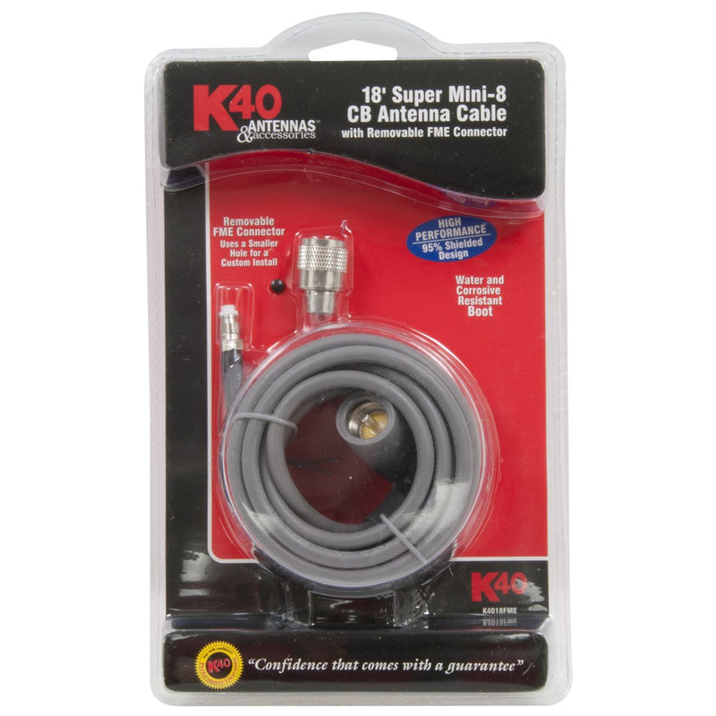 K40 18ft K4018FME Super Mini-8 CB Antenna Cable with Removable FME Connector, Black