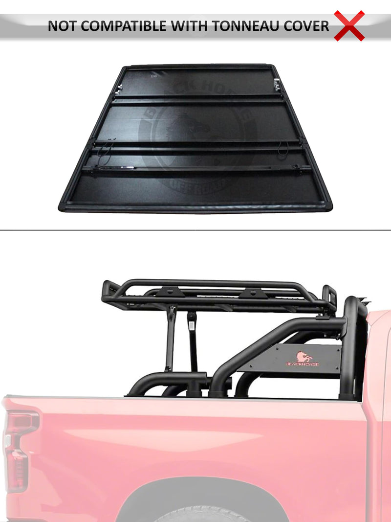 Warrior Black Horse Roll Bar Incl. Set of 5.3" Dia.LED Lights Compatible with 1/2 TON Trucks (GM Silverado 14+/Ford F150 15+/Dodge RAM 15+) with Full Size Cargo Basket(with RED Brake Light)