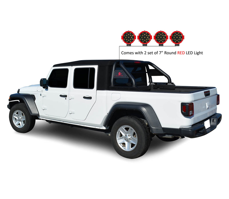 Classic Black Horse Roll Bar Incl. Pair of 7.0" Dia. LED Lights w/Red Trim Rings Compatible with 2020-2024 Jeep Gladiator-RB09BK-PLR