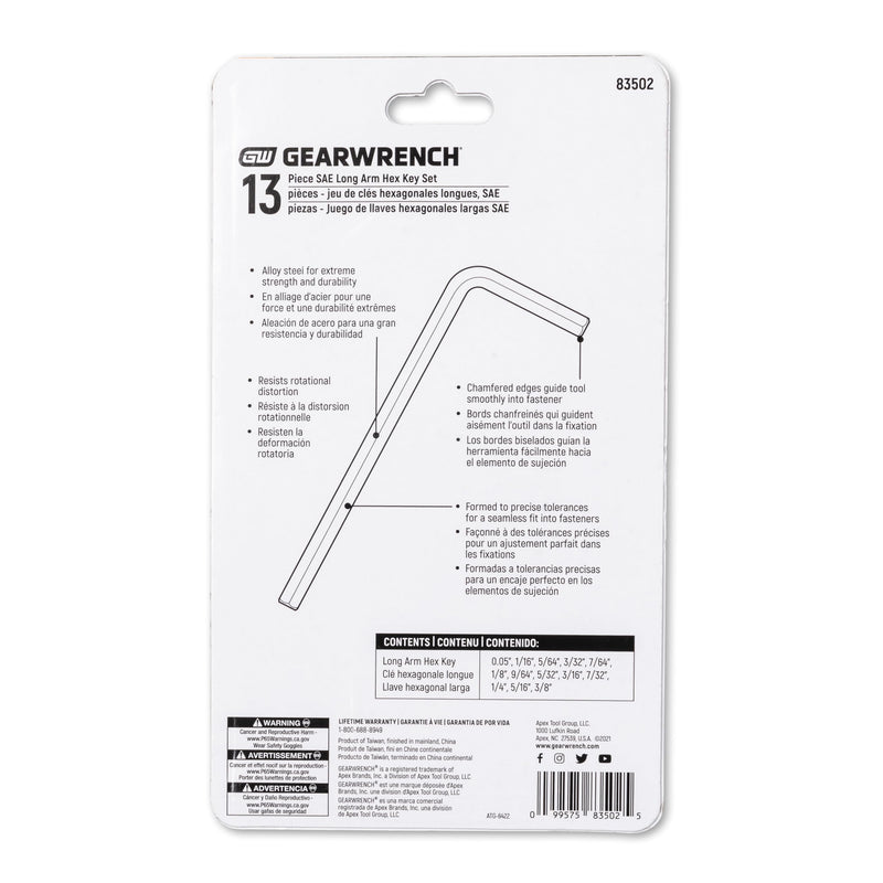 13 Piece GEARWRENCH Long Arm SAE Hex Key Set - 83502