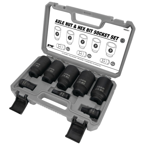 W89321 Performance Tool Axle Nut and Hex Bit Socket Set (8 Pieces) - Chrome Molybdenum Steel Construction, Extra-Deep Sockets for Secure Grip, Corrosion Protection, Fitted Storage Case - 1/2 in. Drive