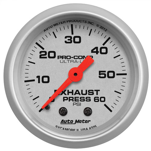 Ultra-Lite Auto Meter (4325) 1-1/16" 0-60 PSI Mechanical Exhaust Pressure Gauge