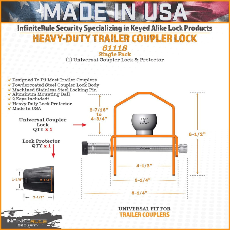 Trailer Coupler Lock InfiniteRule Security 61118 for 1-7/8", 2", & 2-5/16" Ball