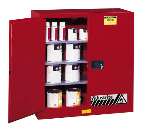 Justrite 40 Gallon Paint and Ink Manual Close Safety Cabinet, 18 Gauge Steel, 3 Shelves, 43" x 44" x 18", 2 Door Combustibles Cabinet, Made in The USA, Red, 893011