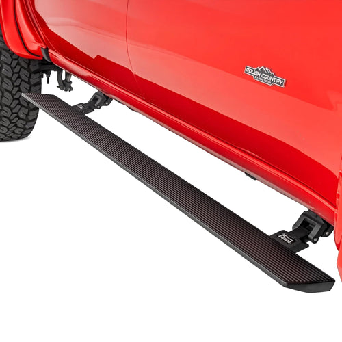 Power Running Boards Rough Country for Chevy Silverado & GMC Sierra 1500 / 2500HD / 3500HD Double Cab (2014-2019) - Automatic Retractable Electric Side Steps with LED Lights, No-Drill Install
