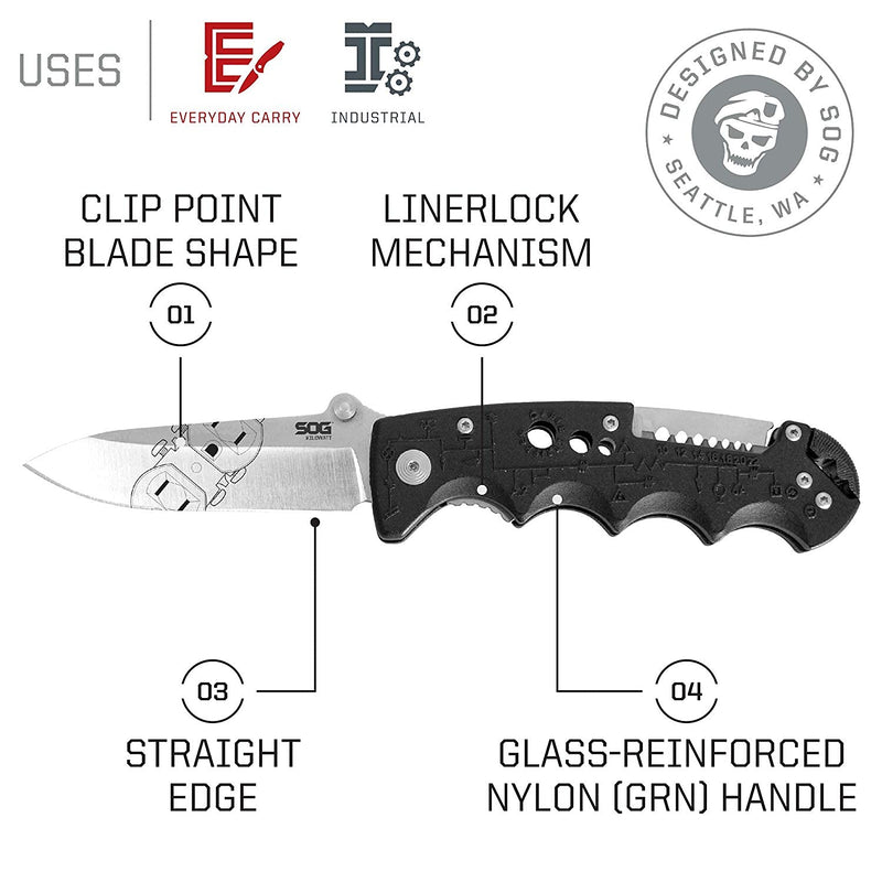 SOG Electricians Kilowatt- Pocket Knife with Wire Stripping Multi-Tool and 3.4 Inch AUS-8 Blade, UTP 10-22G Wire Stripper Knife (EL01-CP), Black