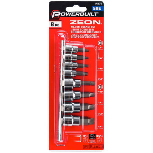 Powerbuilt 8 Piece SAE Hex Bit Socket Set - with use for Damaged Fasteners, Standard, Rusted, Rounded Bolts, Size from 1/8" to 3/8" - 642574