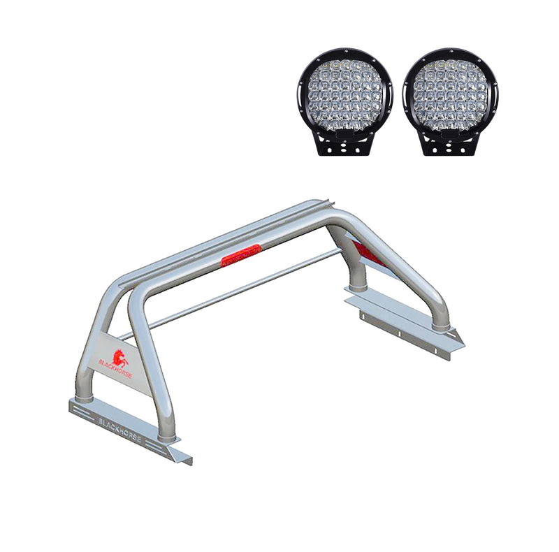 Classic Black Horse Roll Bar Incl.Set of 9" Black Round Led Light Stainless Steel Compatible with 2020-2024 Jeep Gladiator-RB09SS-PL69B
