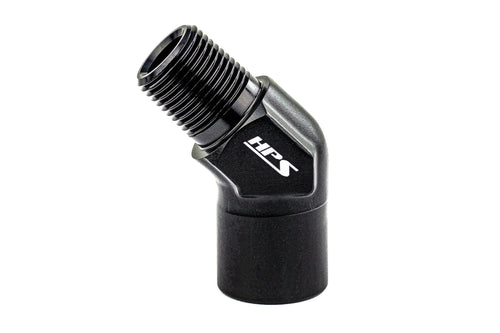HPS AN915-04 NPT Male To NPT Female Adapter Fitting, Aluminum, Size: 1/2 NPT, Black, Angle: 45 degree