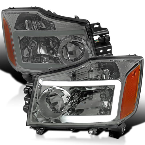 Light Smoke Spec-D Tuning Headlights w/LED Light Bar Compatible with 2004-2015 Nissan Titan, 2004-2007 Armada, Left + Right Pair Headlamp Assembly