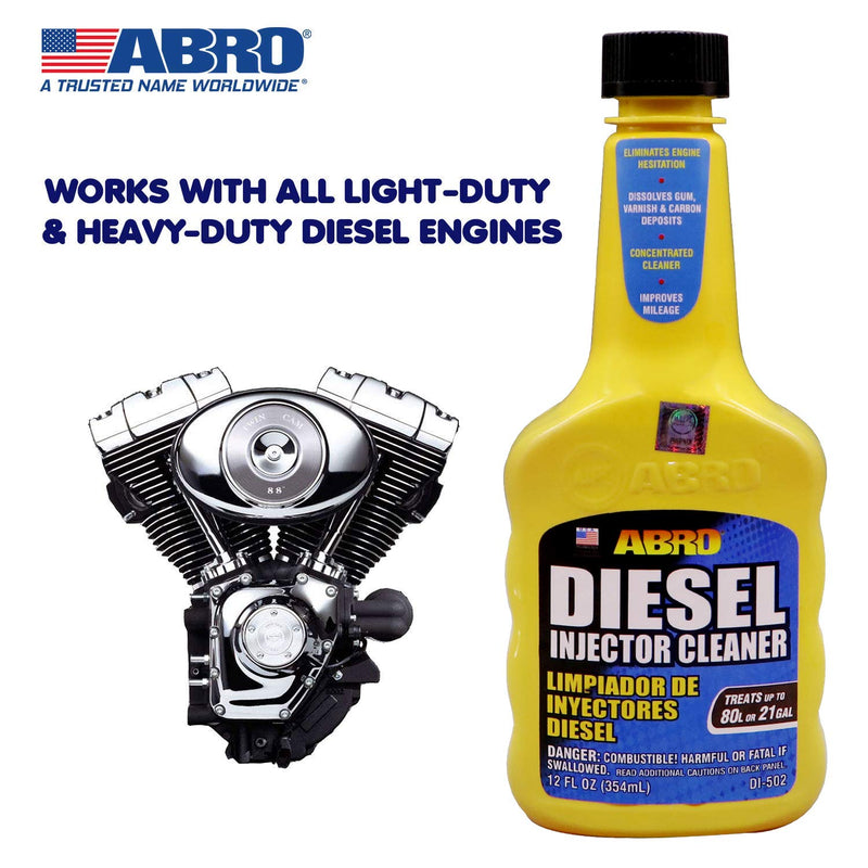 Diesel Injector Cleaner ABRO, 12 oz., Concentrated Fuel System Cleaner, Fuel Injector Cleaner, Diesel Fuel Additive, Improves Mileage, Eliminates Engine Hesitation, Treats Up to 21 Gallons