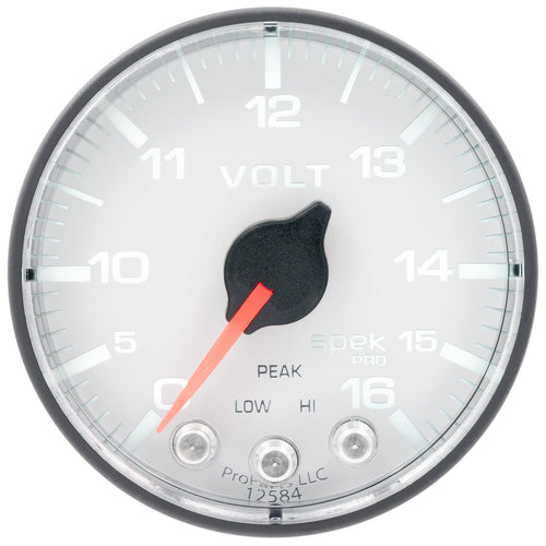 AutoMeter P344128 Voltmeter Gauge (Spek-Pro 2 1/16", 16V, Stepper Motorwith Peak & Warn, Wht/Blk, Spek-Pro)