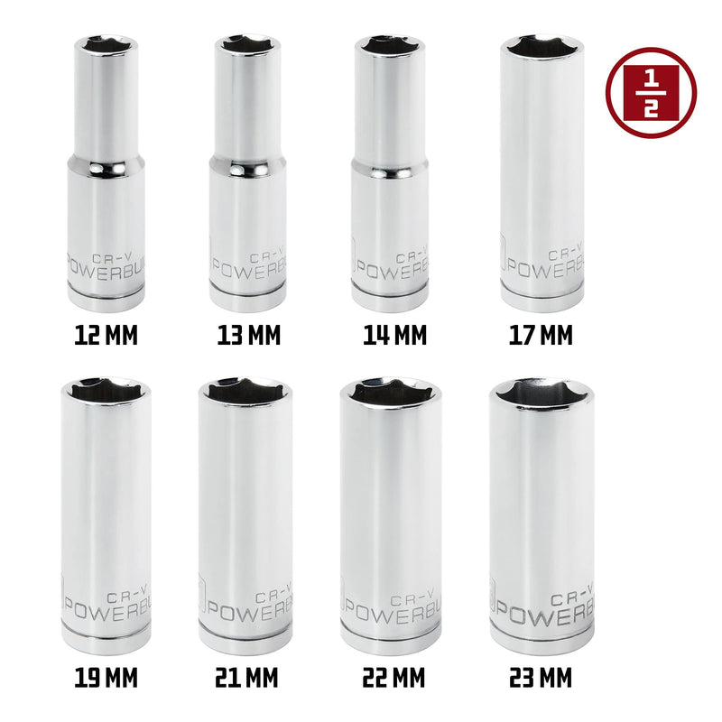8 Piece Powerbuilt 1/2" Drive Metric 6Pt. Deep Well Socket Set
