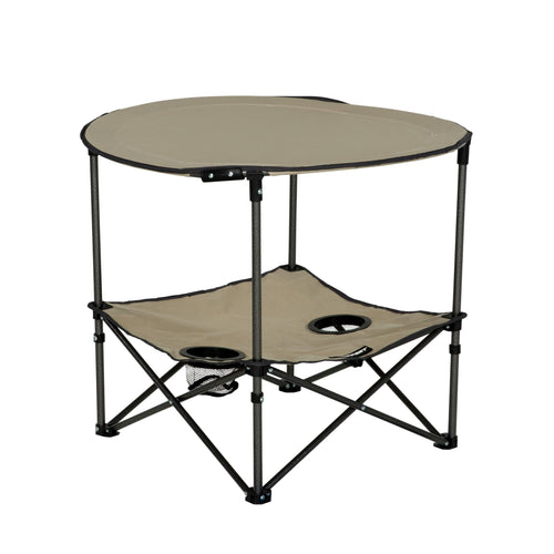 Lippert Two-Tier Sand Folding Camping Table with Dual Cupholders, 600D Polyester Fabric, Powder-Coated Steel Frame, Foldable Design, Lightweight Construction, Zippered Carry Bag - 2023053721