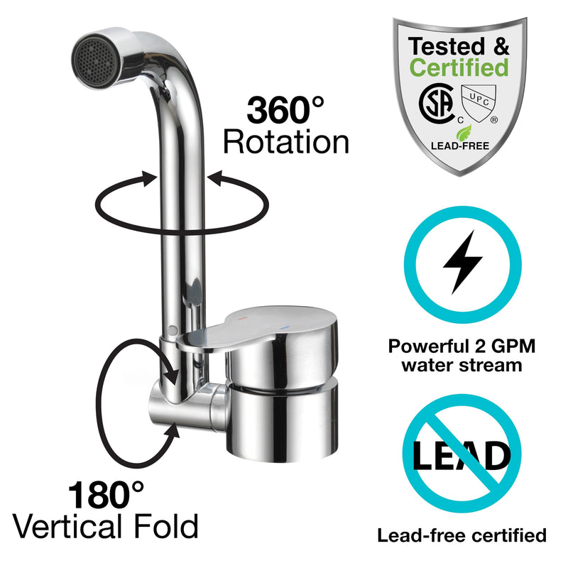 Folding RV Kitchen Faucet Dura Faucet (DF-MK510H-CP) – Chrome, 360° Rotating & Vertical Folding Spout, Single Lever Handle, Lead-Free, Easy Install Compact Sink Faucet