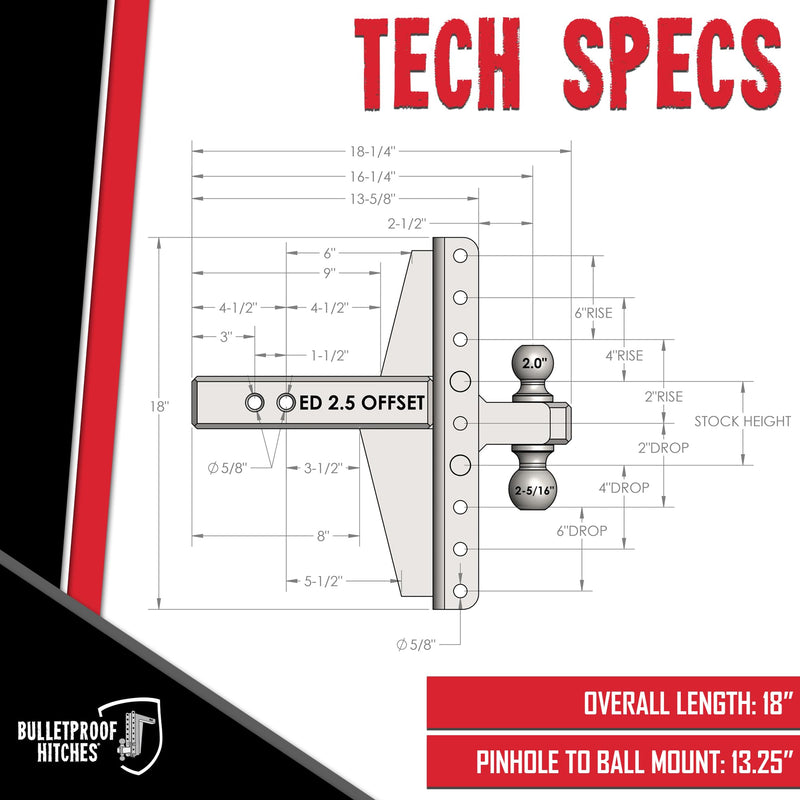 2.5" BulletProof Hitches Adjustable Extreme Duty Trailer Hitch (36,000 lb. Rating) - Offset 4" & 6" Drop/Rise with 2" and 2 5/16" Dual Ball - Powder Coat, Solid Steel, Corrosion-Resistant