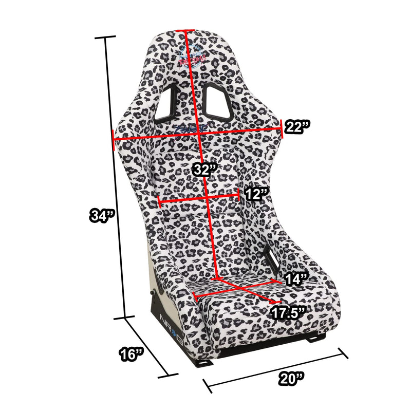 NRG Innovations Prisma FRP-303-WT-SAVAGE Fixed Back Bucket Racing Seat with Bottom Mount Bracket, White Savage Leopard Print Fabric/White Pearl Back