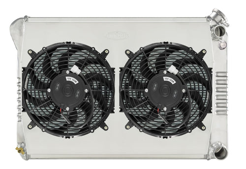Radiator Cold Case and Fan, 28.35 in W x 19 in H x 6.75 in D, Passenger Side Inlet, Passenger Side Outlet, Aluminum, Polished, GM LS-Series, GM X-Body 1968-79, Kit