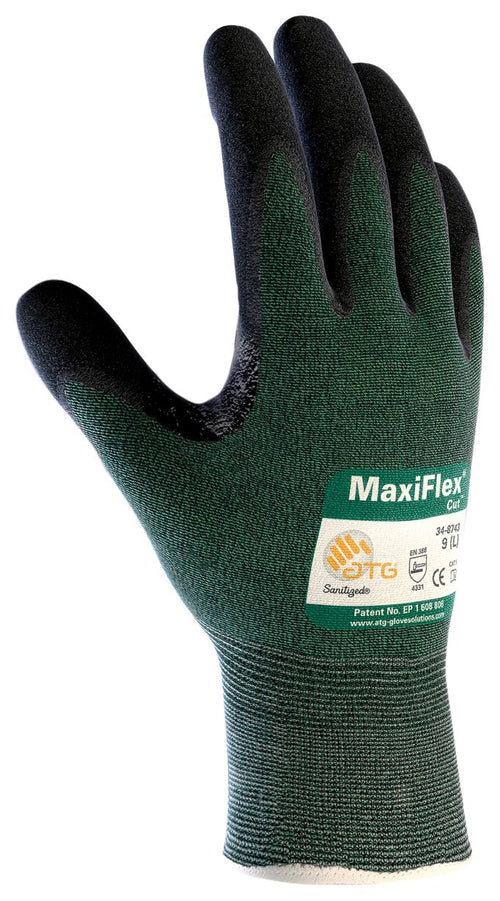 Maxiflex Cut ATG 34-8743/M, Green Eng Yarn Shell, Black Nitrile Microfoam Grip, A2 Green