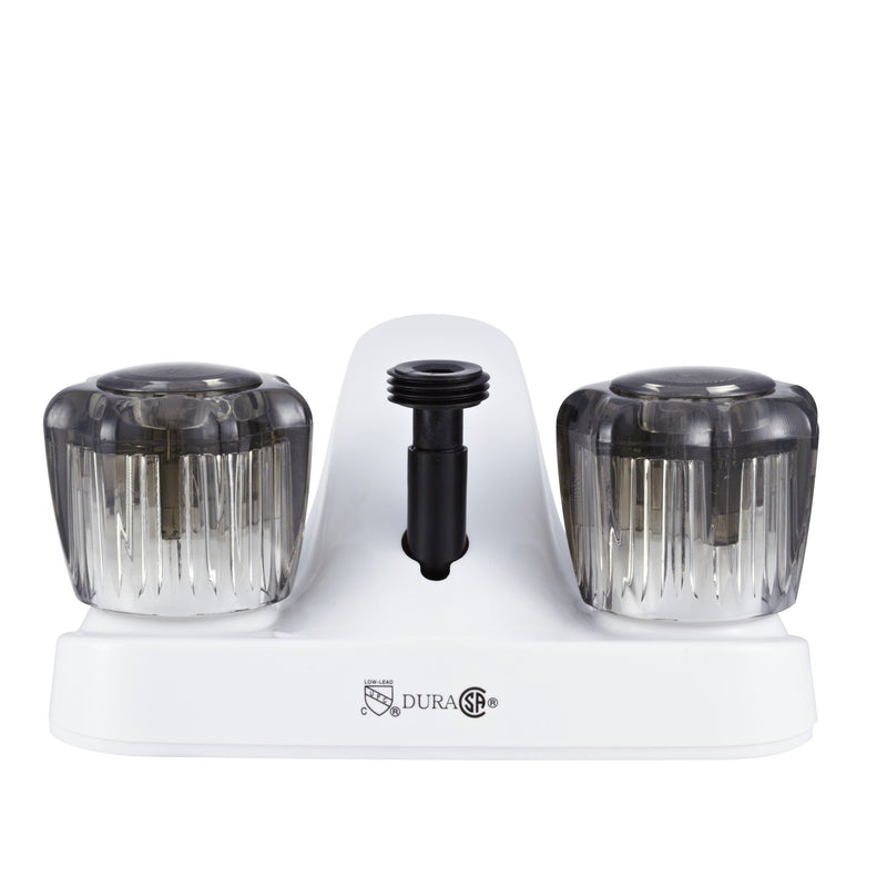 Dura Faucet RV Bathroom Faucet DF-PL720S-WT with Smoked Acrylic Knobs and Shower Hose Diverter (White)