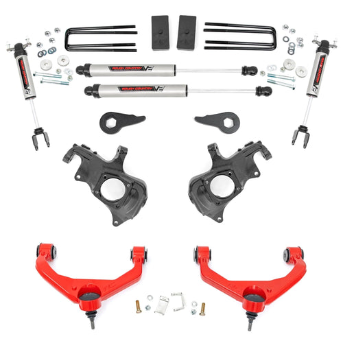 3.5" Lift Kit Rough Country w/V2 Shocks for Chevy Silverado & GMC Sierra 2500HD/3500HD (2011-2019 w/Factory Rear Overload Springs) - Red Control Arms