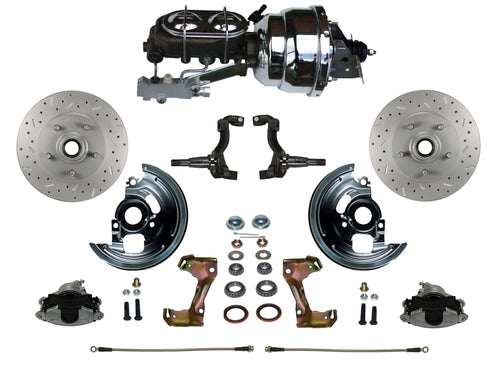 Power Front Disc Brake Conversion Kit LEED BRAKES Cross Drilled And Slotted Rotors With 8" Dual Chrome Booster Cast Iron Chrome Top M/C Disc/Drum Side Mount