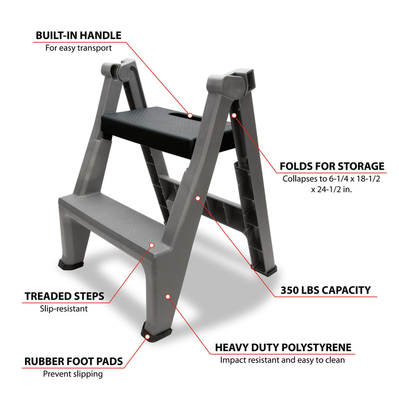 Heavy Duty Performance Tool W85040 2-Step Folding Ladder, 300lb Weight Capacity, Slip-Resistant Tread and Compact Foldable Design for Easy Storage
