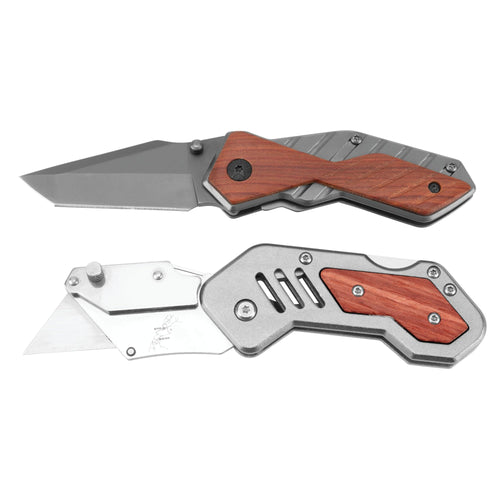 W9373 Performance Tool Red Hardwood and Aluminum Pocket and Utility Knife Set with Storage Tray (2 Pieces)