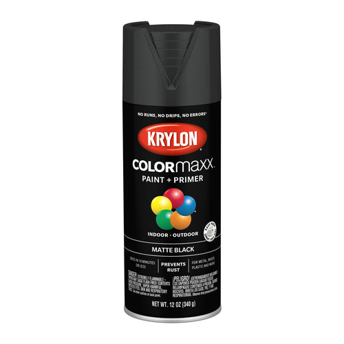 Krylon K05592007 Spray Paint and Primer COLORmaxx for Indoor/Outdoor Use, Matte Black 12 Ounce (Pack of 1)