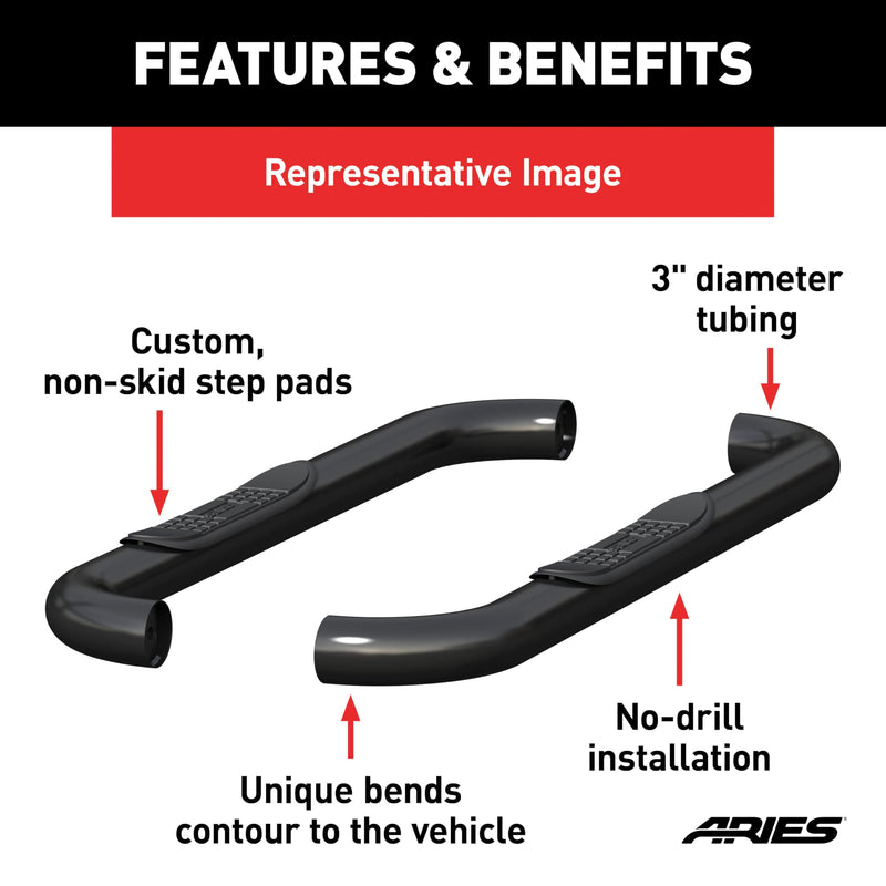 3-Inch Round Black Steel ARIES Nerf Bars, No-Drill, Fits Select Jeep Wrangler TJ
